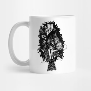 Illustration of a Woman Reading a Book Atop a Cedar Tree, Enveloped by a Griffin: A Mythical Blend of Wisdom and Nature Mug